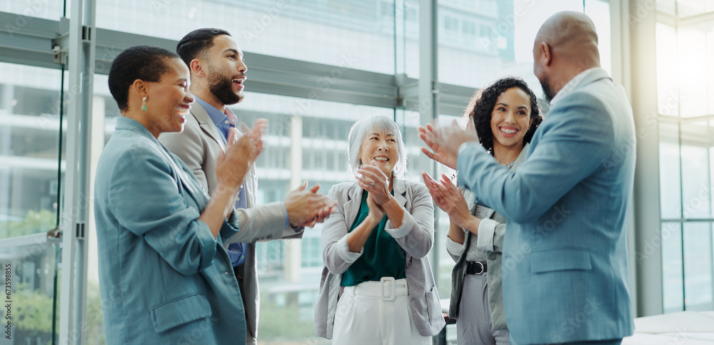 Happy business people, meeting and applause in teamwork for promotion, winning or success at office. Group of employees smile clapping in team achievement, corporate growth or motivation at workplace Happy business people, meeting and applause in teamwork for promotion, winning or success at office. Group of employees smile clapping in team achievement, corporate growth or motivation at workplace
