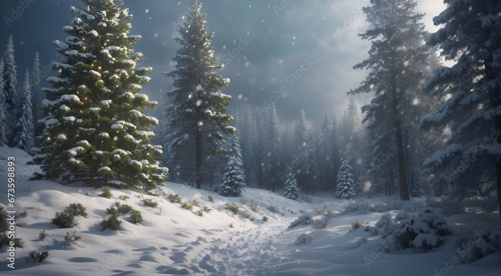 Christmas Winter background A pine forest with snow. ai generative