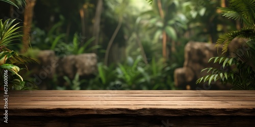 Wooden table in the background in the jungle  There is space to place products.