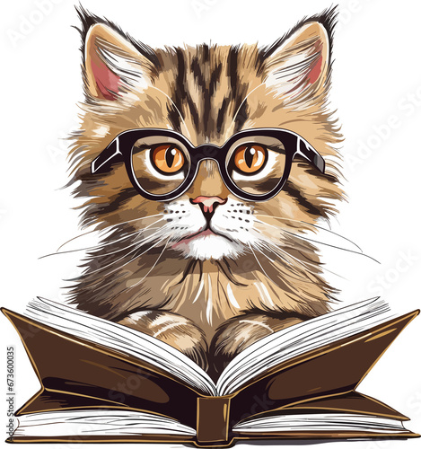 Cat with glasses reading book illustration