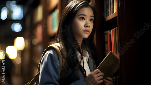 A Chinese teenage girl stands before a bookshelf, holding a book in her hands.