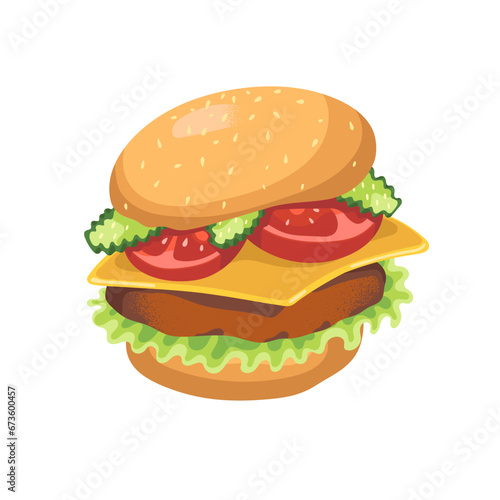 Delicious cheeseburger with meat. Tempting American burger. Savoury sandwich with cheese. Restaurant of fast food. Unhealthy nutrition. Flat isolated vector illustration on white background