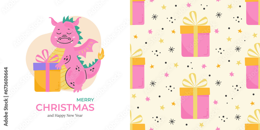 Cute dragon with gifts card and seamless pattern