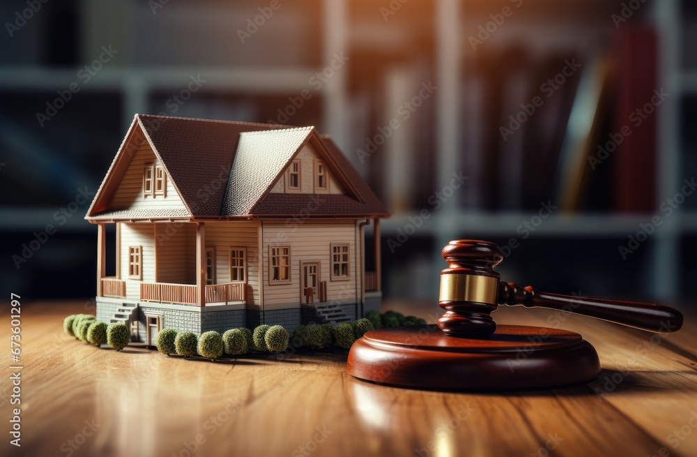 Gavel with model house on a table with home insurance and law home concept. Gavel with model house on a table with home insurance and law home concept.