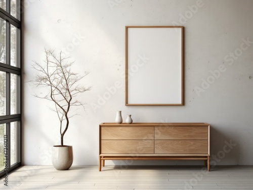 Tier wooden dresser and a wooden frame mockup, in the style of minimalist canvases.