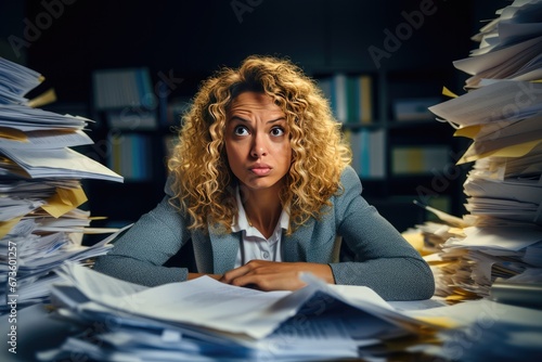 Business woman looking angry on top of a pile of paperwork.