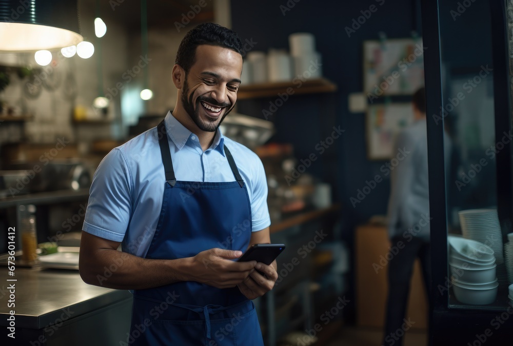 Man in a blue apron smiling with a tablet. Man in a blue apron smiling with a tablet.