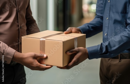 Man hands over boxes to a customer with delivery concept. © Goojournoon