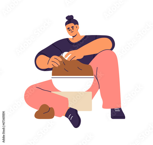Woman artisan kneading clay in bowl. Female potters hands preparing earthen material for pottery, ceramic craft. Handcraft, handiwork. Flat graphic vector illustration isolated on white background