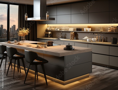 Modern kitchen interior with dining zone