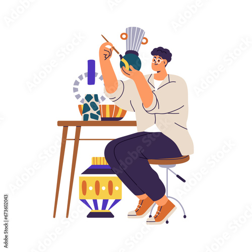 Artisan, painter painting ceramic vase. Creative artist drawing, decorating clay pot, pottery, making decoration with brush and paint. Flat graphic vector illustration isolated on white background