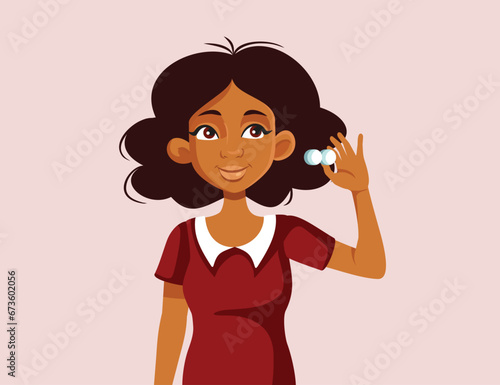 Happy Woman Holding a Contact Lens Case Vector Cartoon Illustration. Cheerful girl using eyesight correction treatment 
