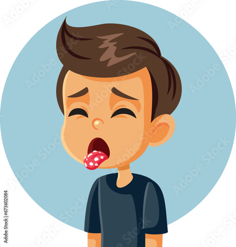 Little Boy Having White Spots on his Tongue Suffering a Fungal Infection. Child having problems from an infectious nature experiencing a sore mouth 
