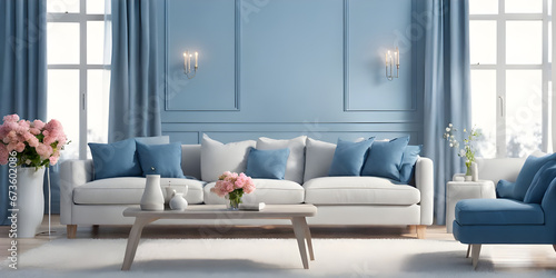 Modern blue living room design with sofa and furniture. Blurred bright living room with sofa and flowers.