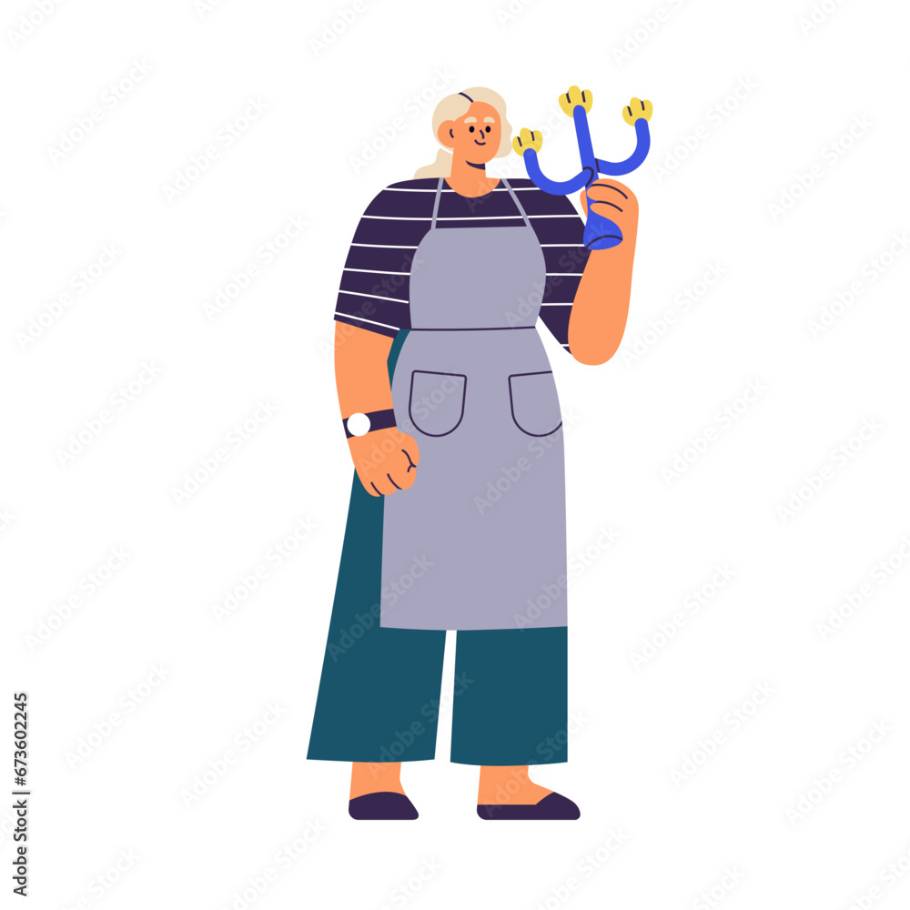 Artisan holds candelabrum. Creative woman with handmade candleholder, candelabra. Girl in apron with candle holder. Handicraft, craft occupation. Flat vector illustration isolated on white background