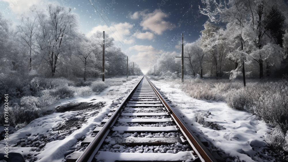 Fototapeta premium image of snow-covered railroad tracks during holiday season