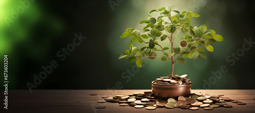 Bonsai tree growing out of a pot of coins, symbolizing the potential for financial growth and prosperity. Ideal for business presentations, financial marketing materials,.Copy text space