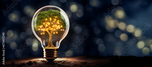 glowing light bulb with a tree inside, set against a rich blue backdrop,sustainable illumination and green energy. Ideal for environmental concepts, , and renewable energy campaigns.Copy text space