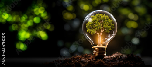 radiant light bulb housing a thriving tree, representing the potency of sustainable energy and our duty to safeguard the planet. with ample copy textspace photo