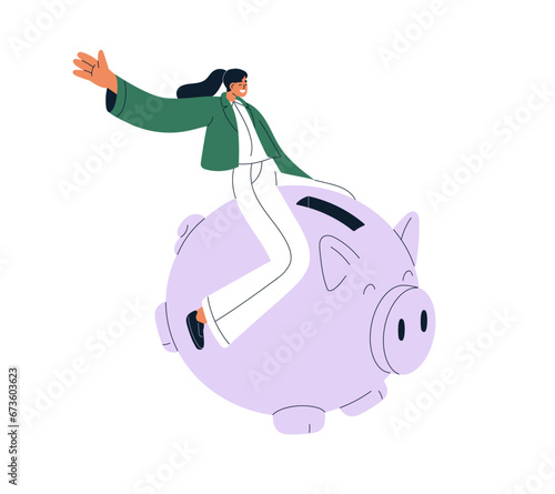 Saving money in piggy bank, box. Happy rich wealthy woman riding big piggybank, moneybox. Financial deposit, wealth, prosperity concept. Flat vector illustration isolated on white background