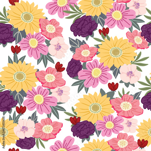 Blooming flower and leaf seamless pattern