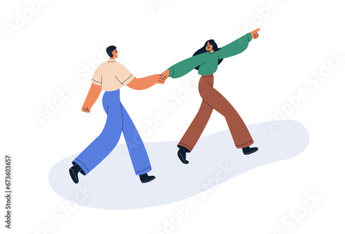 Happy woman leading, man following after girl. Female taking, holding hand, pulling by arm, showing something. Love couple going together. Flat graphic vector illustration isolated on white background