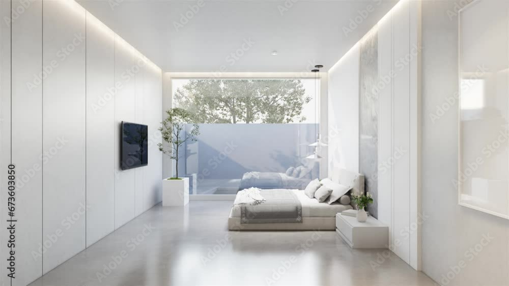 minimal interior of the bedroom with a white base tone. 3D illustration render minimal interior of the bedroom with a white base tone. 3D illustration render