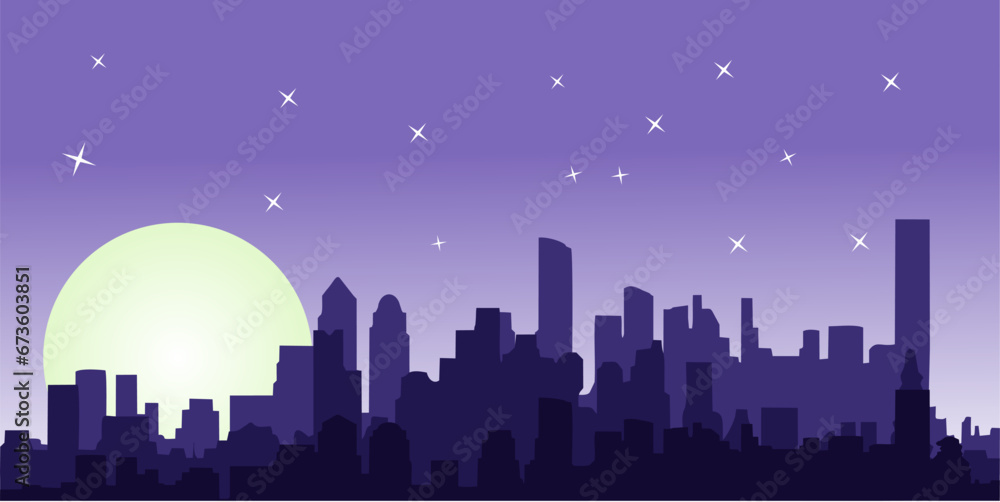 vector illustration design of city building silhouette background at night with shining moon and stars