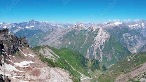 Mountain cliffs panoramic short and lake in the background - Cliffs mountain ridge - igneous and metamorphic Rocks in Himalayan region photo