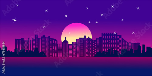 vector illustration design of city building silhouette background at night with shining moon and stars