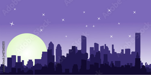 vector illustration design of city building silhouette background at night with shining moon and stars