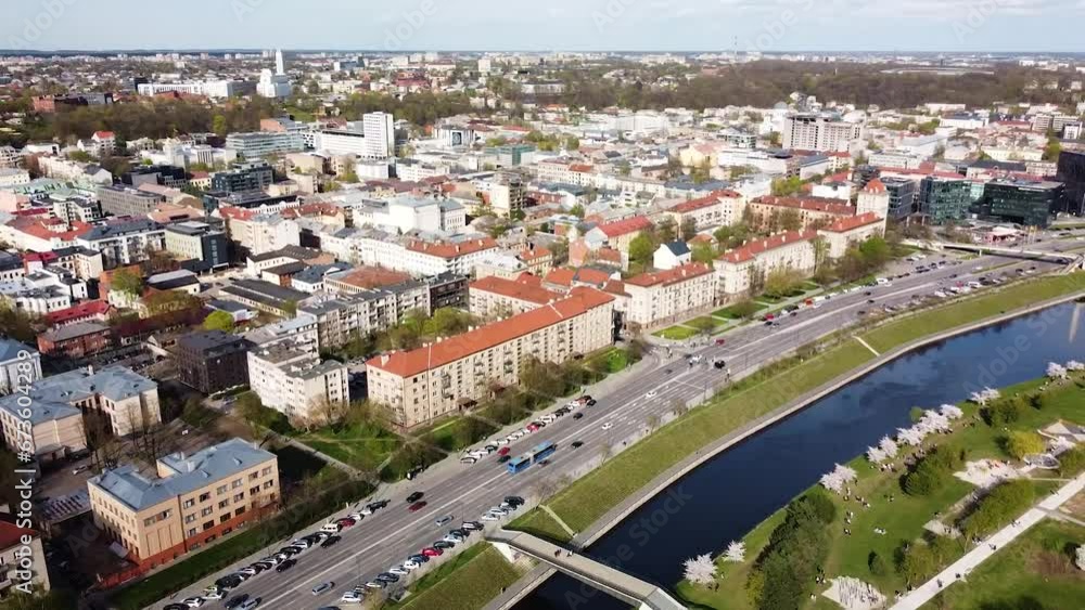 Busy street and downtown of Kaunas city, aerial panoramic view Busy street and downtown of Kaunas city, aerial panoramic view