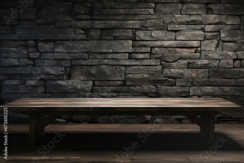 Wooden table next to a brick wall, in the style of dark gray, There is space to place products.