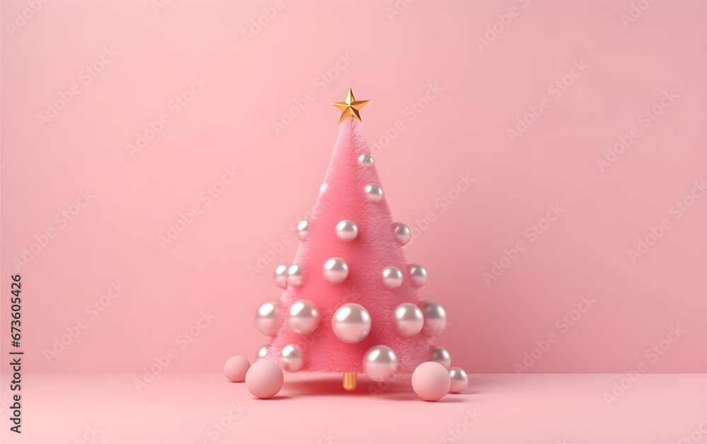 A whimsical pink Christmas tree adorned with pearl-like ornaments, set against a soft pink background. A whimsical pink Christmas tree adorned with pearl-like ornaments, set against a soft pink background.