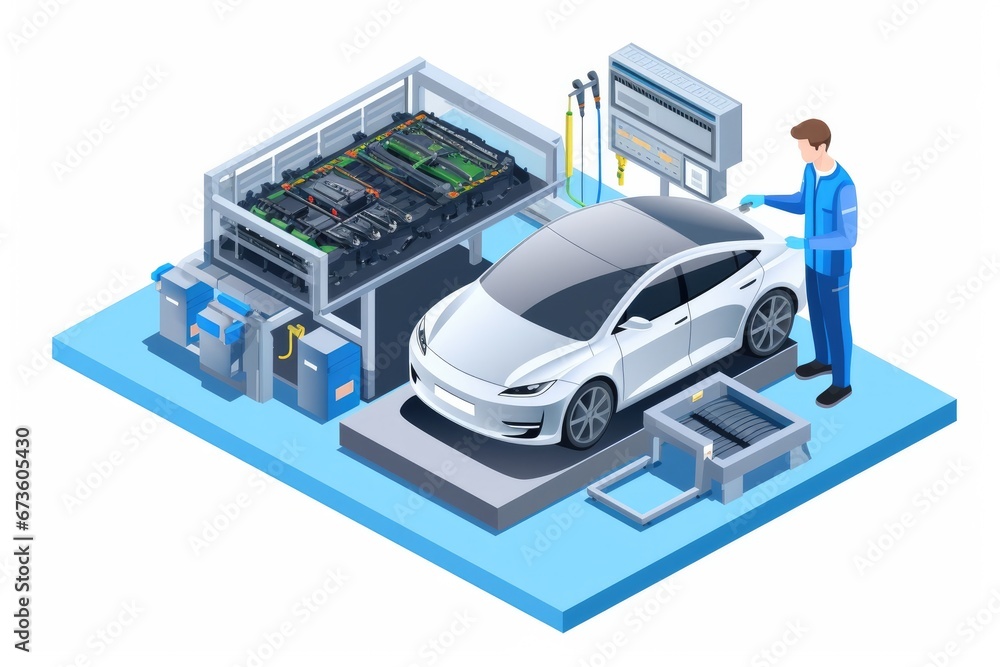 Electric car engineer production ev car assembly industry plant manufacturing lithium battery li ion pack parts worker checking isometric Isolated.
