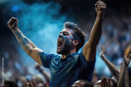 Rugby fan on the stadium yelling for the team.