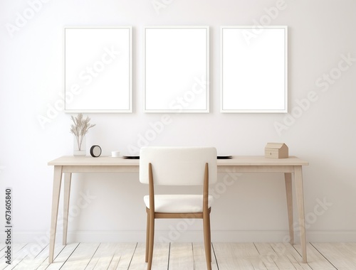 Three white photo frames and an office table on a white wall in a room.