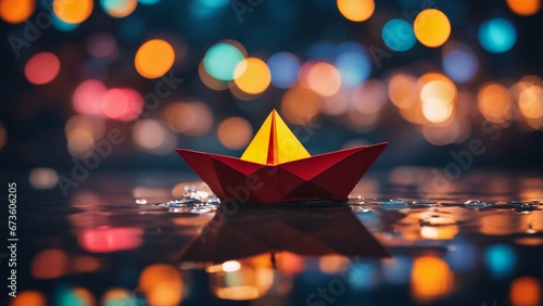 Origami boat floating in water with colorful background bokeh . 