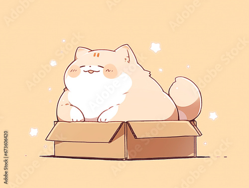 Fluffy Cat Sit on a Box Character Illustration