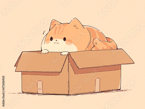 Cute brown cat sitting on a box character illustration