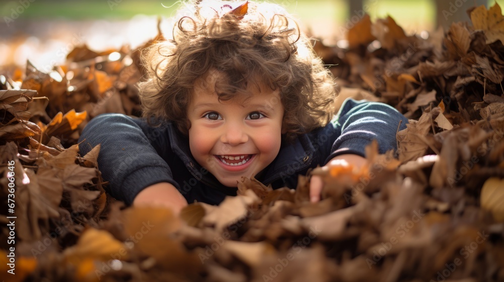 A child playing in a pile of leaves A child playing in a pile of leaves