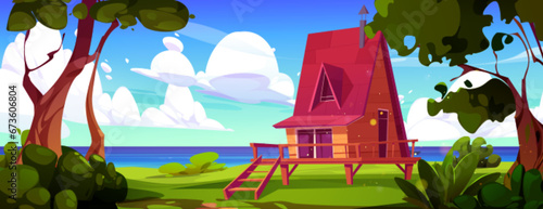 Wooden cottage near lake on nature landscape with green trees. Hut or small villa for summer vacation on sea cost, cartoon vector illustration. Shack house with beautiful view