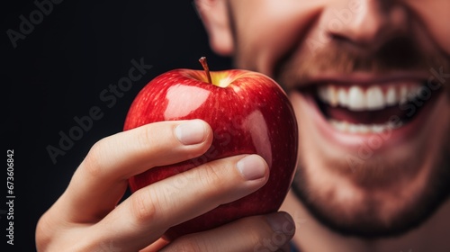 A person delighting in the sensation of biting into a crispy apple