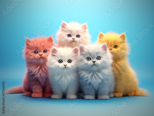 Colorful kittens isolated portrait on blue background