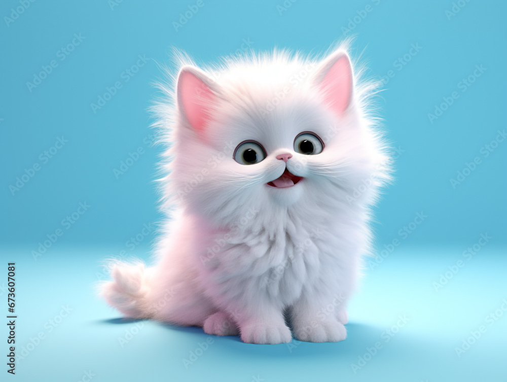 White kitten isolated portrait on light blue background