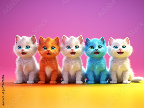 Colorful kittens isolated portrait on pink background