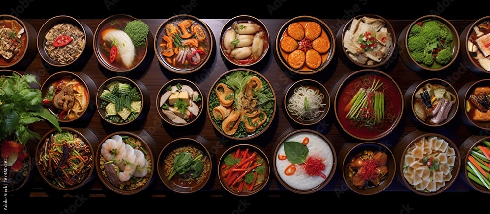 Assorted Chinese food set. Famous Chinese cuisine dishes on table. Top view. Chinese restaurant concept. Asian style banquet - obrazy, fototapety, plakaty 