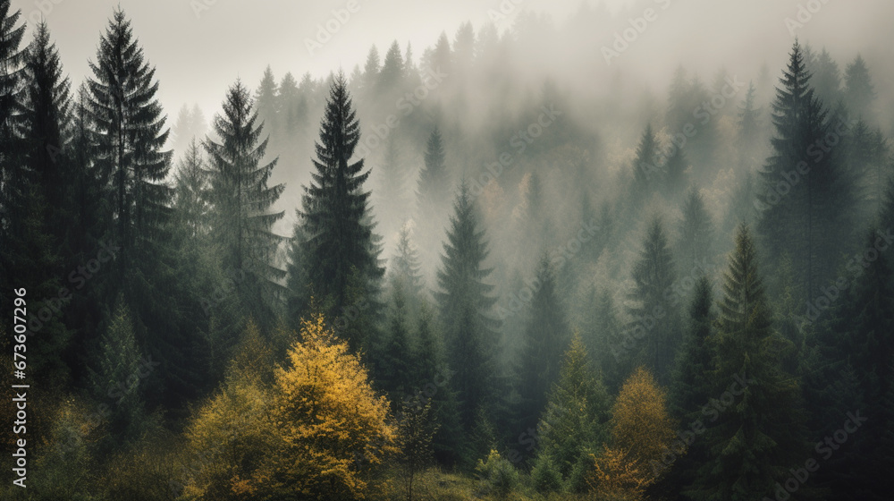a foggy forest with pine trees and mist