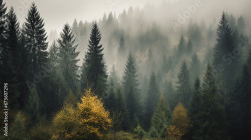 a foggy forest with pine trees and mist © Usman