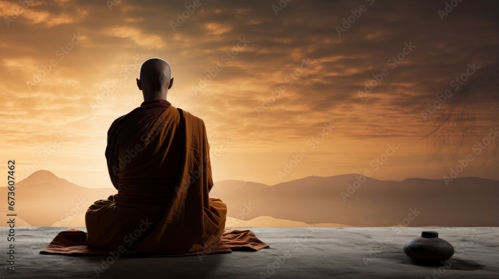 A Buddhist monk in contemplation before a Buddha